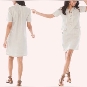 NWT Chico's Linen shirt shift Dress in light Tan S (.5) shirt sleeve pockets